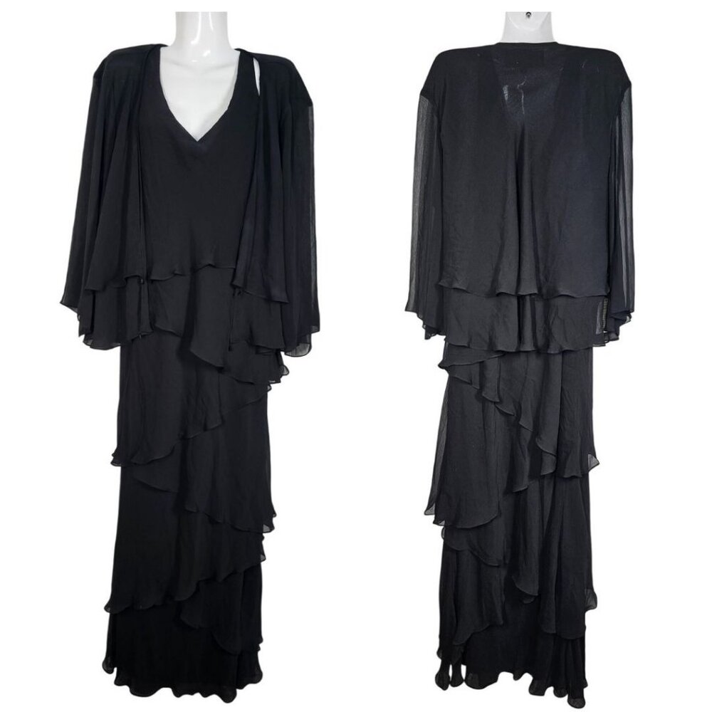 Marsoni Black V-Neck Evening Gown With Jacket Layered Ruffles Womens 10 Nwt